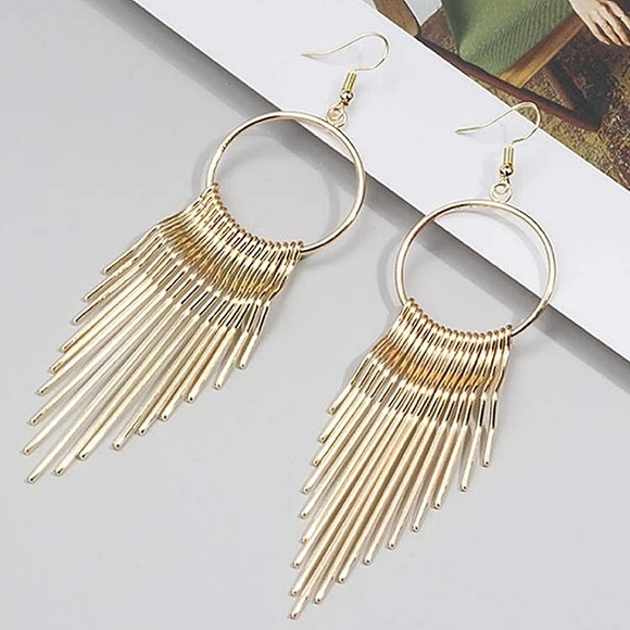 Gold Large Tassel Drop Earrings - Picture 6 of 6